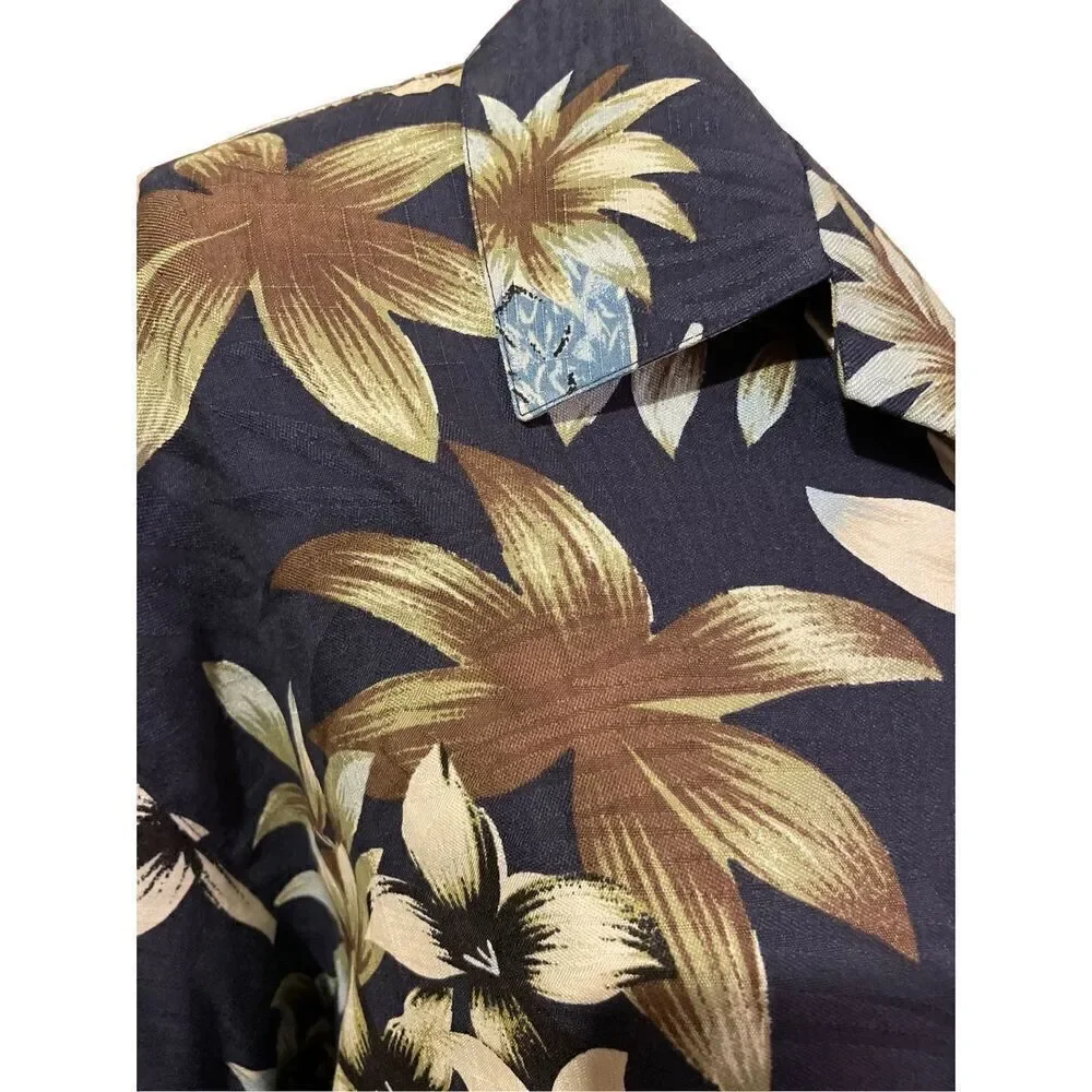 Tasso Elba Men's Button Down Shirt Collared Floral 100% Silk Navy Blue XL